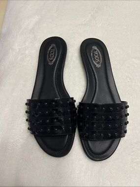 TOD'S Black Patent Leather Studded Slide Mules